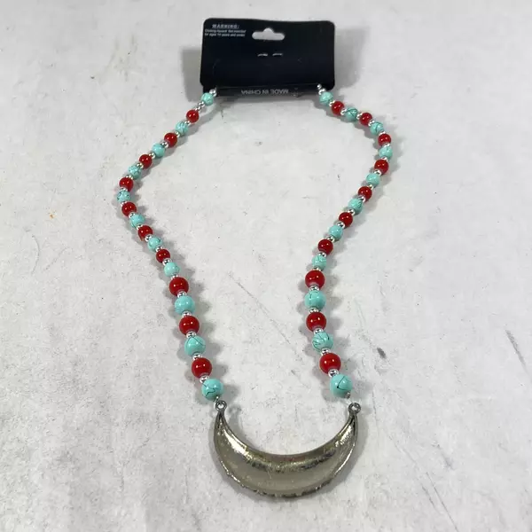 Imitation Turquoise & Red Bead Necklace Set with Silver Tone Moon Accent