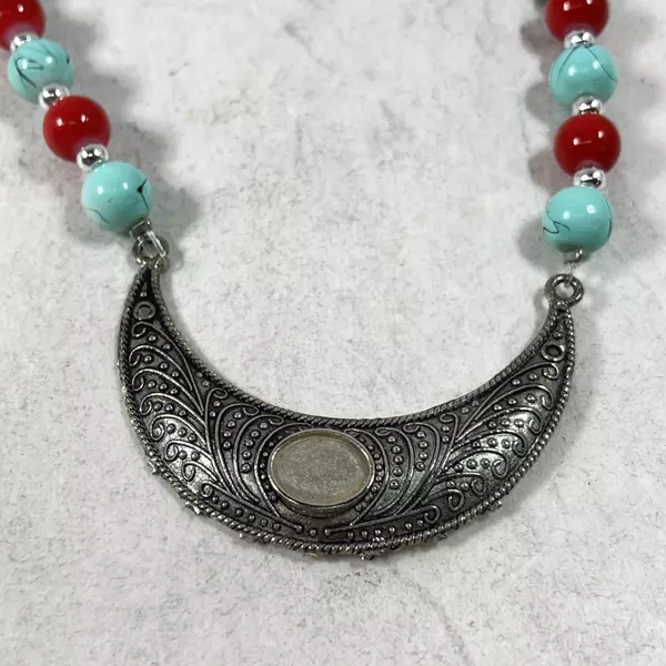 Imitation Turquoise & Red Bead Necklace Set with Silver Tone Moon Accent