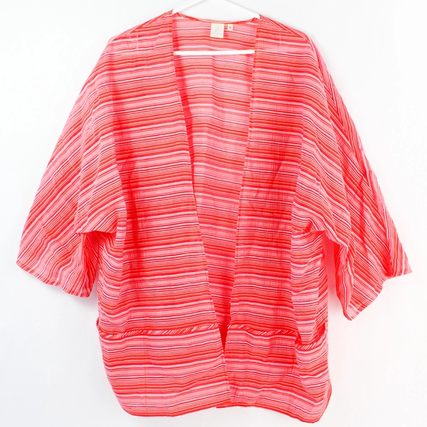 Jones New York Women's 2X Striped Open-Front Kimono Jacket Red Pink Orange