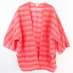 Jones New York Women's 2X Striped Open-Front Kimono Jacket Red Pink Orange