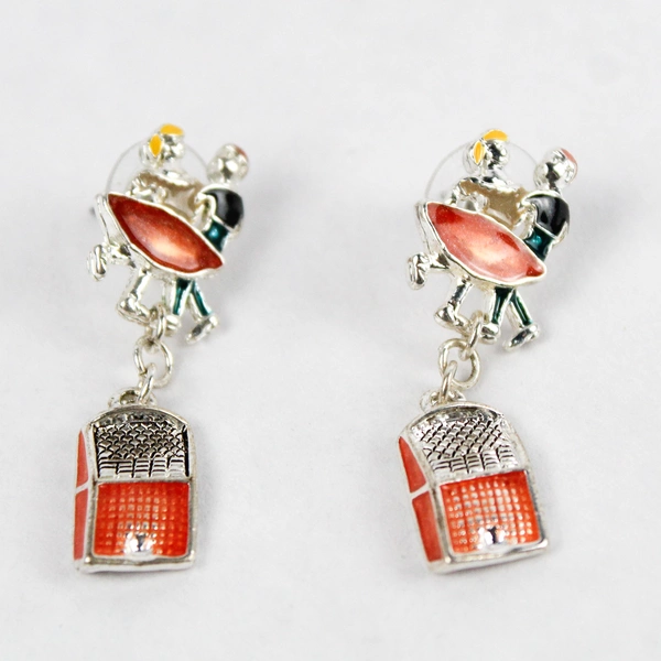 Vintage Silver Toned Dangle Ear Dancing Couple Dancing And Hanging Jukebox