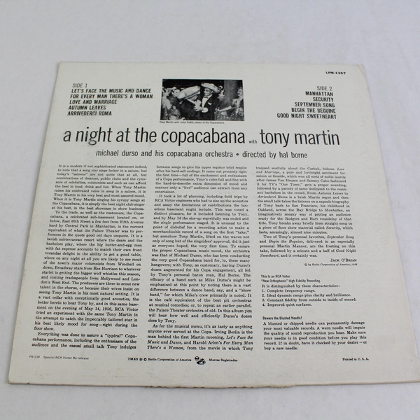 Tony Martin Album A Night At The Copacabana With Tony Martin 1956