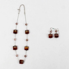 Red Gold Lavender Foil Glass Beaded Necklace and Earring Set Fashion Jewelry
