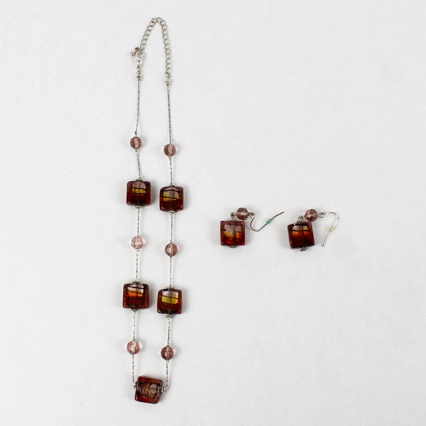 Red Gold Lavender Foil Glass Beaded Necklace and Earring Set Fashion Jewelry