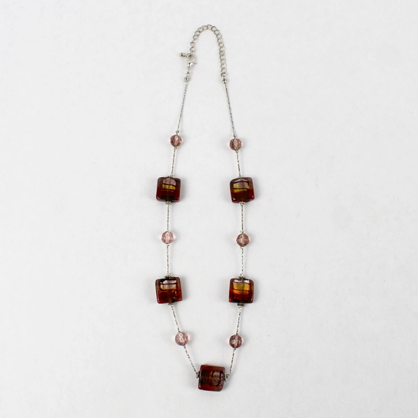 Red Gold Lavender Foil Glass Beaded Necklace and Earring Set Fashion Jewelry