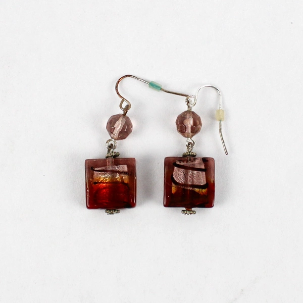 Red Gold Lavender Foil Glass Beaded Necklace and Earring Set Fashion Jewelry