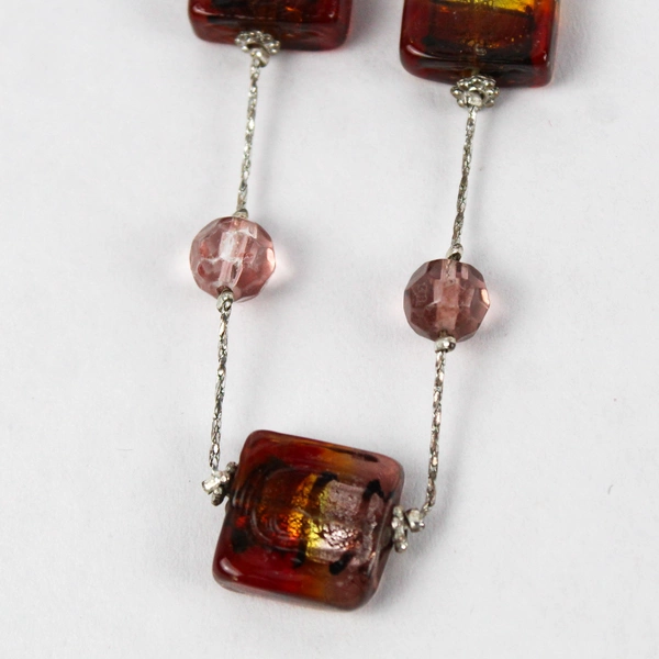 Red Gold Lavender Foil Glass Beaded Necklace and Earring Set Fashion Jewelry