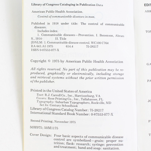 Control of Communicable Diseases in Man 12th Edition 1975 Paperback