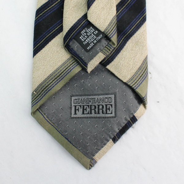 Gianfranco Ferre Men's Silk Necktie Green Blue Beige Stripes Pre-owned 57"