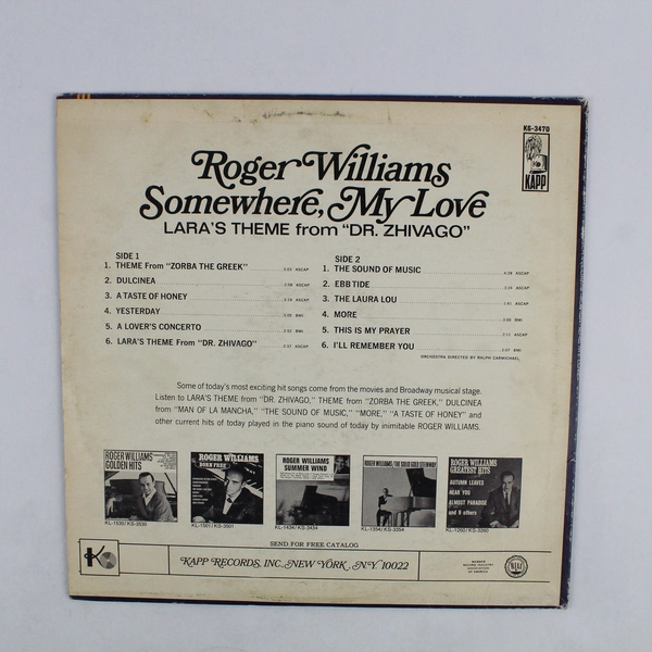 Roger Williams Somewhere My Love 1966 LP 12" Vinyl