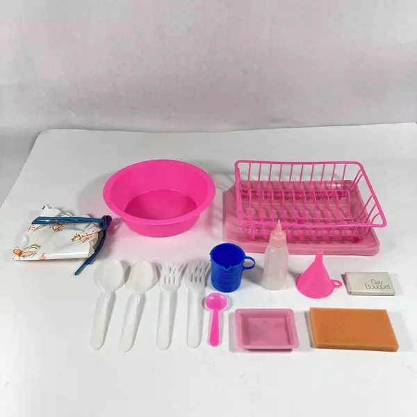 Lot of 16 Dollhouse Kitchen Items Dish Strainer Soap Sponge Apron And More