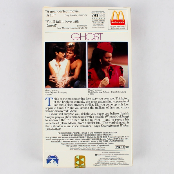Ghost 1993 McDonald's Paramount Pictures VHS 1990 Thriller Romance Film