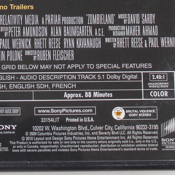 Zombieland 2009 DVD Columbia Pictures - Good Condition, Untested