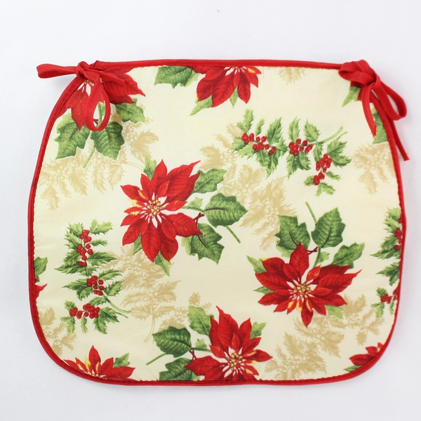 Unbranded Poinsettia Pattern Christmas Holiday Seat Cushion With Ties