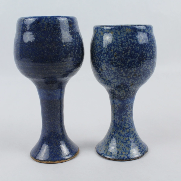 Lot of 2 Handmade Ceramic 6" Goblets with Blue & Specks of Green Glaze 