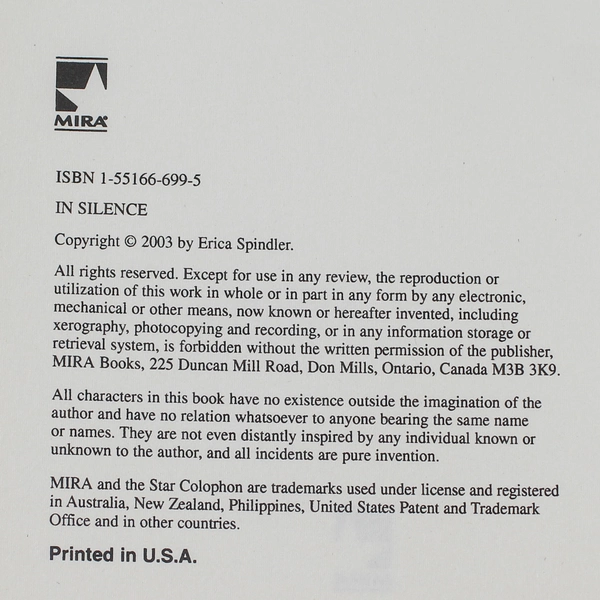 In Silence by Erica Spindler 2003 Hardcover Thriller - Good Condition