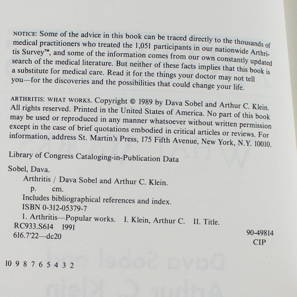 Arthritis: What Works by Dava Sobel Klein 1989 Paperback - Good Condition