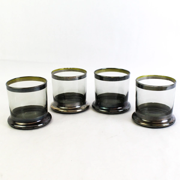 Set of 4 Vintage MCM Old Fashioned Whiskey Glass Smokey Gray Silver Band