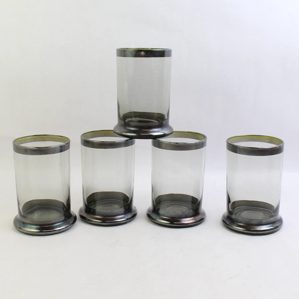 Set of 5 Vintage MCM Highball Cocktail Glass Smokey Gray with Silver Band