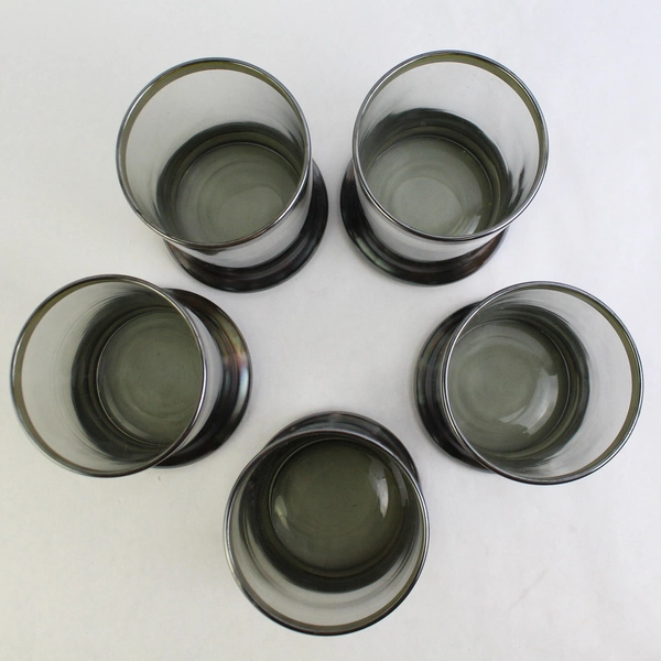 Set of 5 Vintage MCM Highball Cocktail Glass Smokey Gray with Silver Band