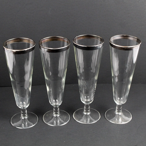 Set of 4 Vintage MCM Pilsner Glass Clear w/ Silver Band