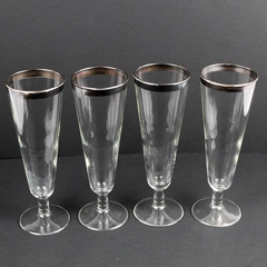Set of 4 Vintage MCM Pilsner Glass Clear w/ Silver Band