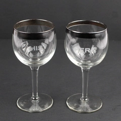 Set of 2 Vintage His & Hers Cordial Glass Etched Clear w/ Silver Band