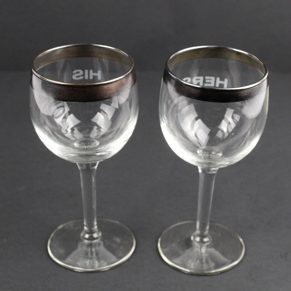 Set of 2 Vintage His & Hers Cordial Glass Etched Clear w/ Silver Band