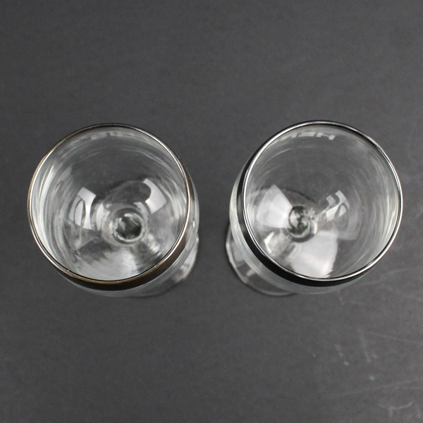 Set of 2 Vintage His & Hers Cordial Glass Etched Clear w/ Silver Band