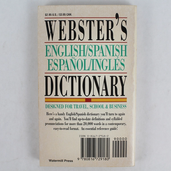 Webster's English/Spanish Dictionary 1991 Trade Paperback - Good Condition