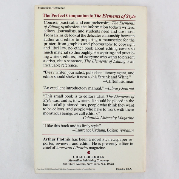 The Elements of Editing by Arthur Plotnik 1982 - Guide for Editors & Journalists