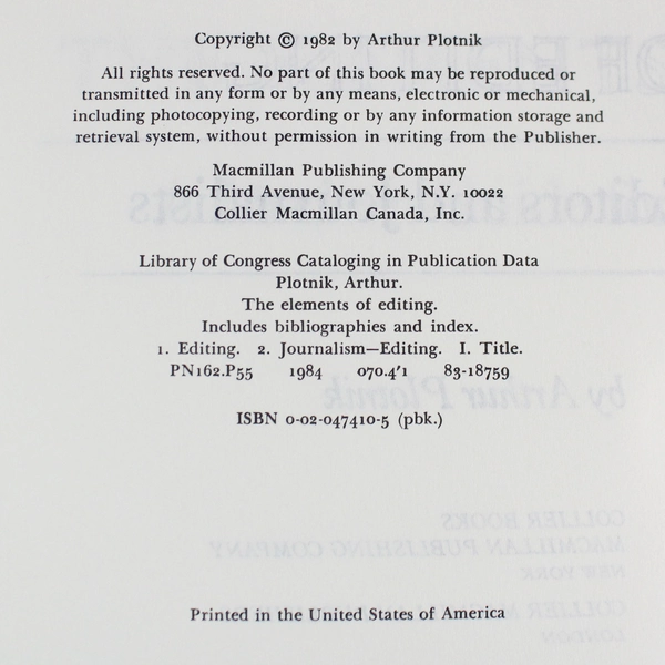 The Elements of Editing by Arthur Plotnik 1982 - Guide for Editors & Journalists