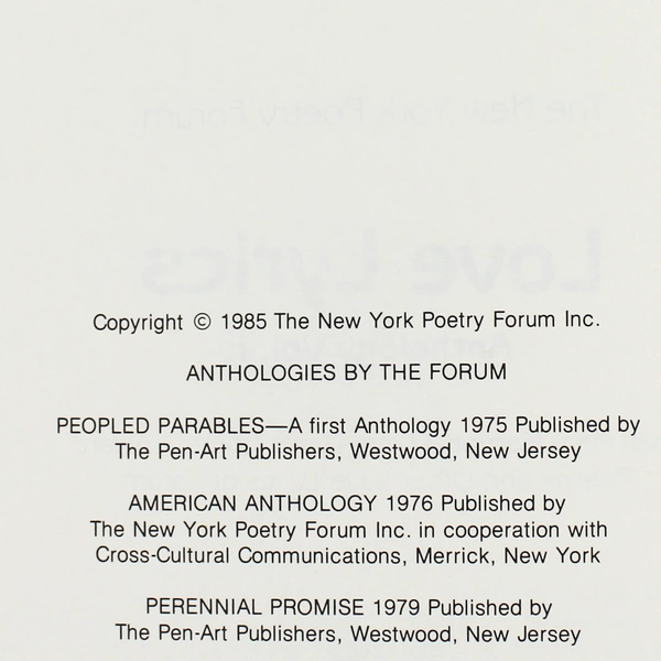 Love Lyrics Anthology Vol 1st Louise Louis Ed 1985 New York Poetry Forum HC