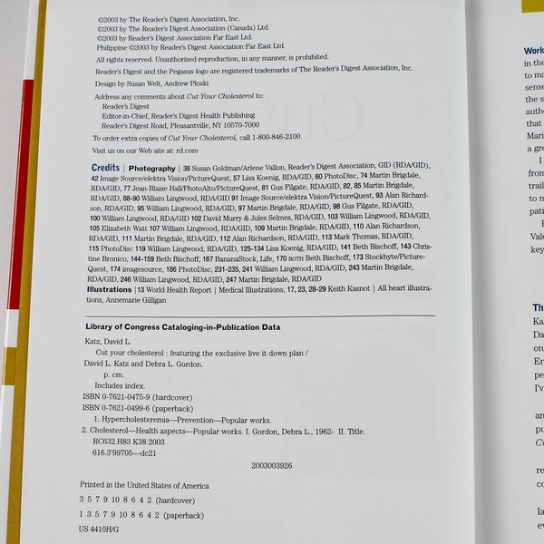 Cut Your Cholesterol by Katz & Gordon 2003 Hardcover - Good Condition!