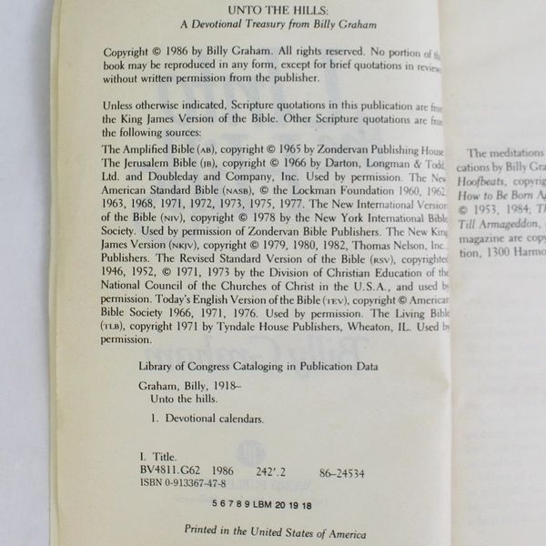 Unto the Hills by Billy Graham Thoughts For Every Day 1986 Word Publishing PB
