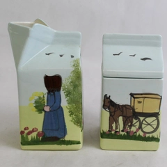 Lot Of 2 Matching Ceramic Milk Carton Cream and Sugar Hand Painted