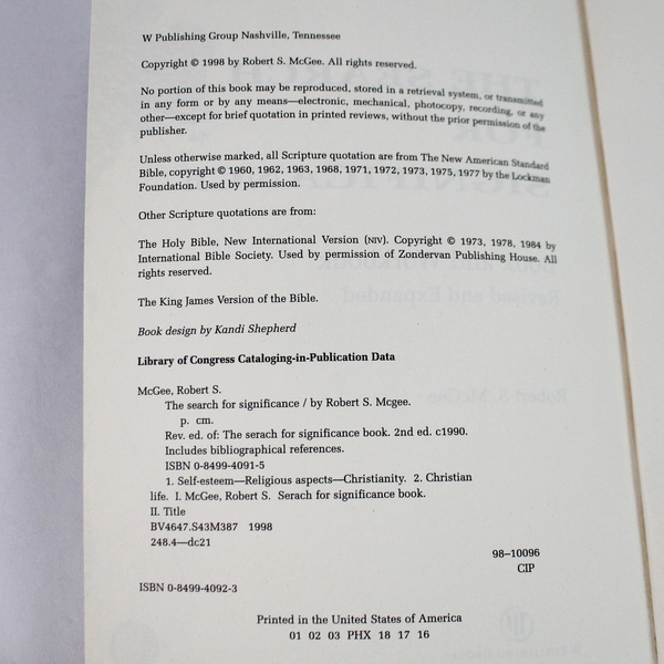 The Search for Significance by Robert S McGee 1998 Paperback - Good Condition