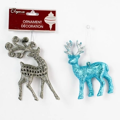 Lot of 2 Blue and Silver Glittery Deer Christmas Tree Holiday Ornaments