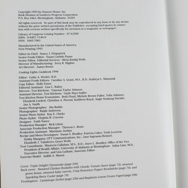 Cooking Light Oxmoor House 1993 Cookbook Hardcover - Good Condition