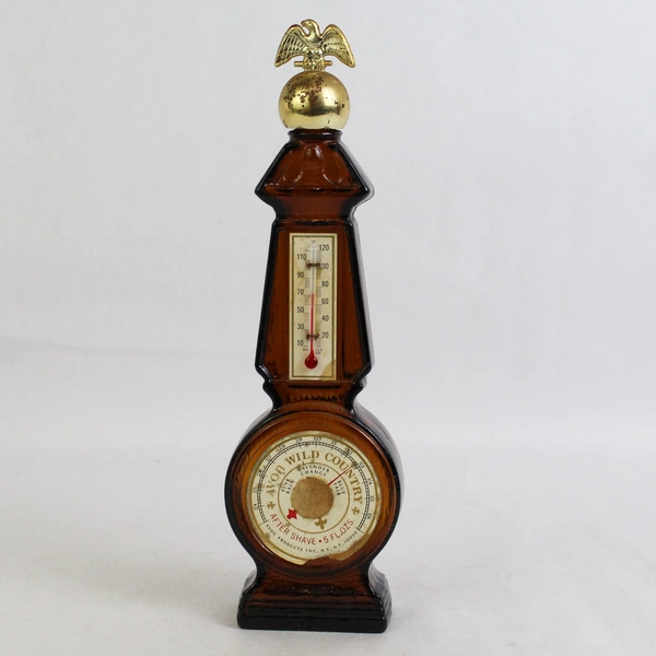 Vtg Avon Wild Country After Shave Clock & Thermometer Empty Bottle 5 Oz Brown