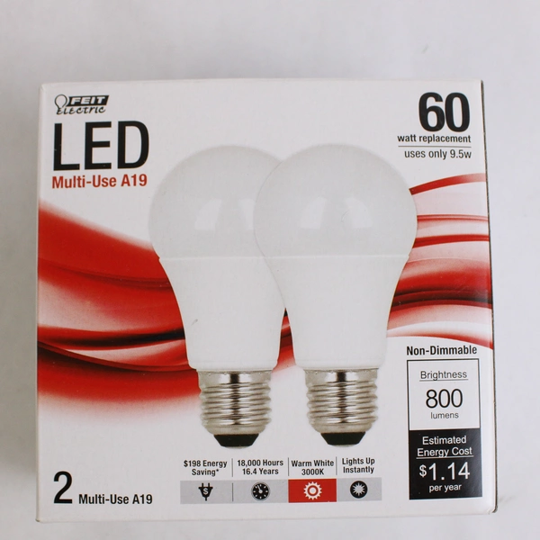 NIB Set of 2 Feit Electric Lightbulbs LED Warm White 800 lm A19 Multiuse 60W