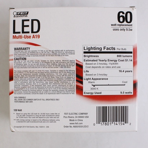 NIB Set of 2 Feit Electric Lightbulbs LED Warm White 800 lm A19 Multiuse 60W