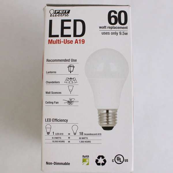 NIB Set of 2 Feit Electric Lightbulbs LED Warm White 800 lm A19 Multiuse 60W