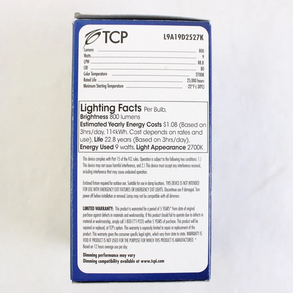 NIB TCP LED Dimmable Lightbulb 60W Incandescent 800 lm 25,000 hrs