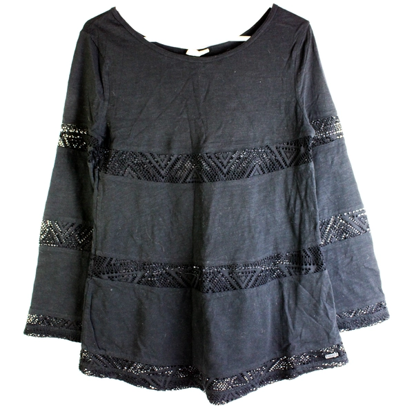 Roxy Long Sleeve Top Shirt Black Crochet Accent Size Small