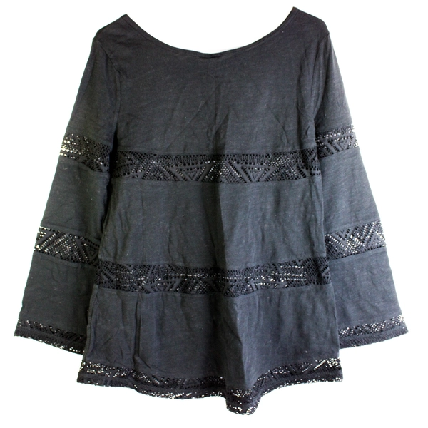 Roxy Long Sleeve Top Shirt Black Crochet Accent Size Small