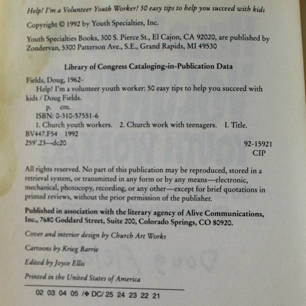 Help I'm a Volunteer Youth Worker by Doug Fields 1992 Paperback