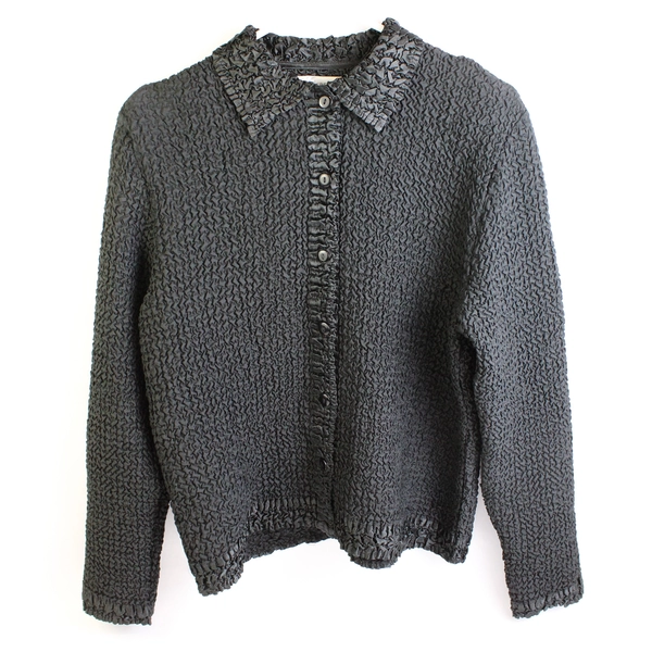 Dressbarn Black Crinkle Blouse Button Front Shoulder Pads Size S Polyester