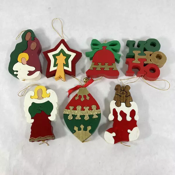 Set of 7 Assorted Handmade Wood Puzzle Christmas Ornaments Angel Star Stocking