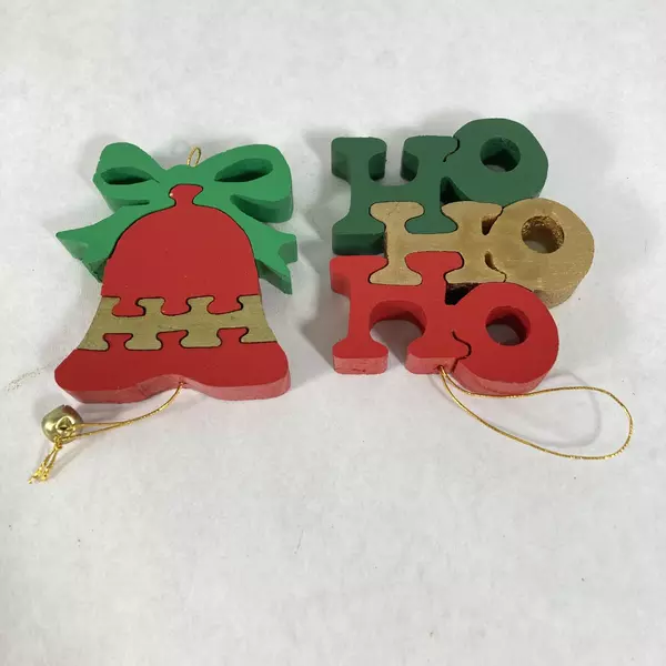 Set of 7 Assorted Handmade Wood Puzzle Christmas Ornaments Angel Star Stocking